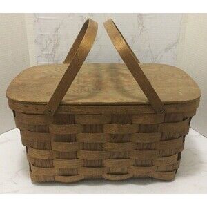 Vintage Woven Wood Hinged Picnic Basket with Double Handles